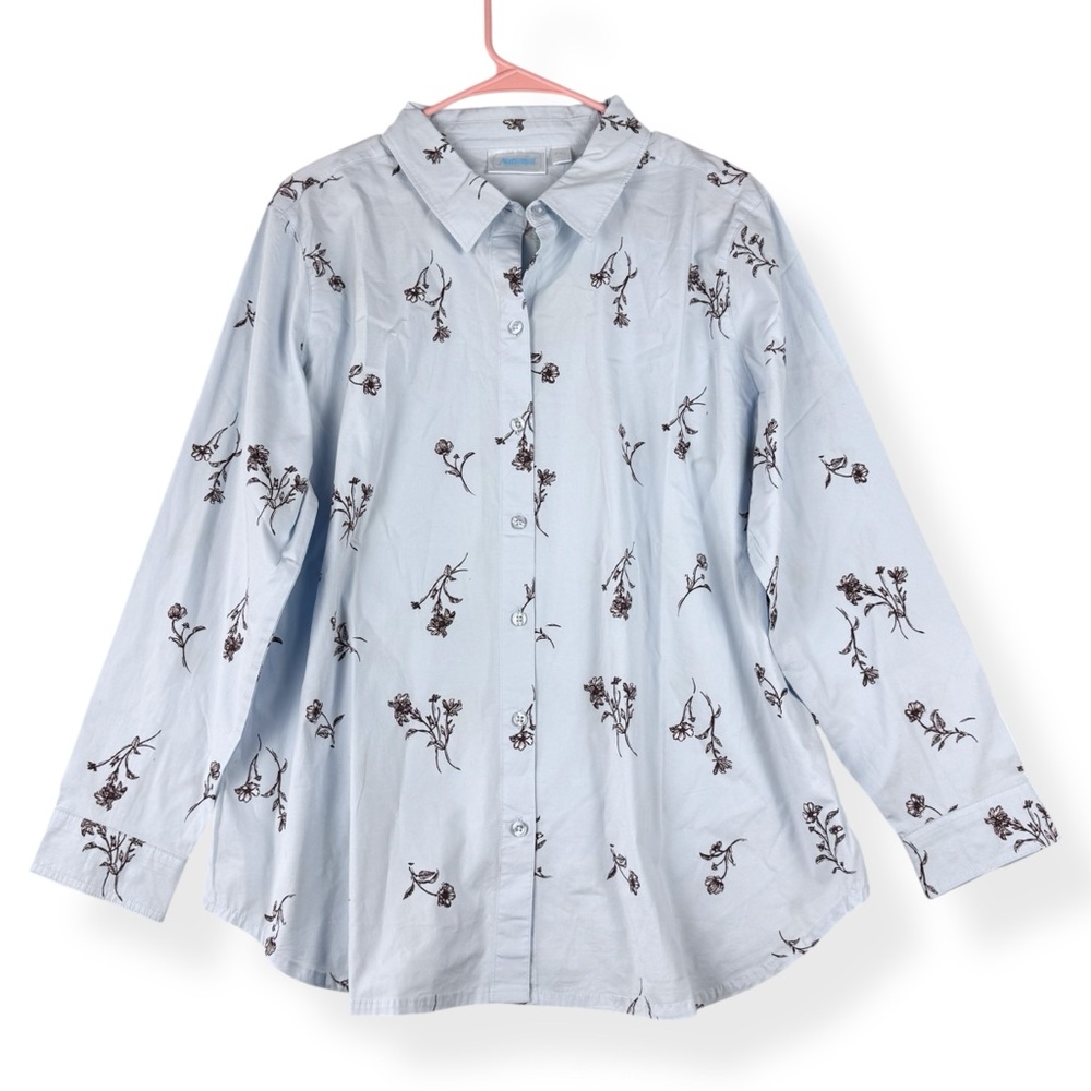 National‎ Button Down Shirt Womens Petite PXL Blue Brown Floral Long Sleeve